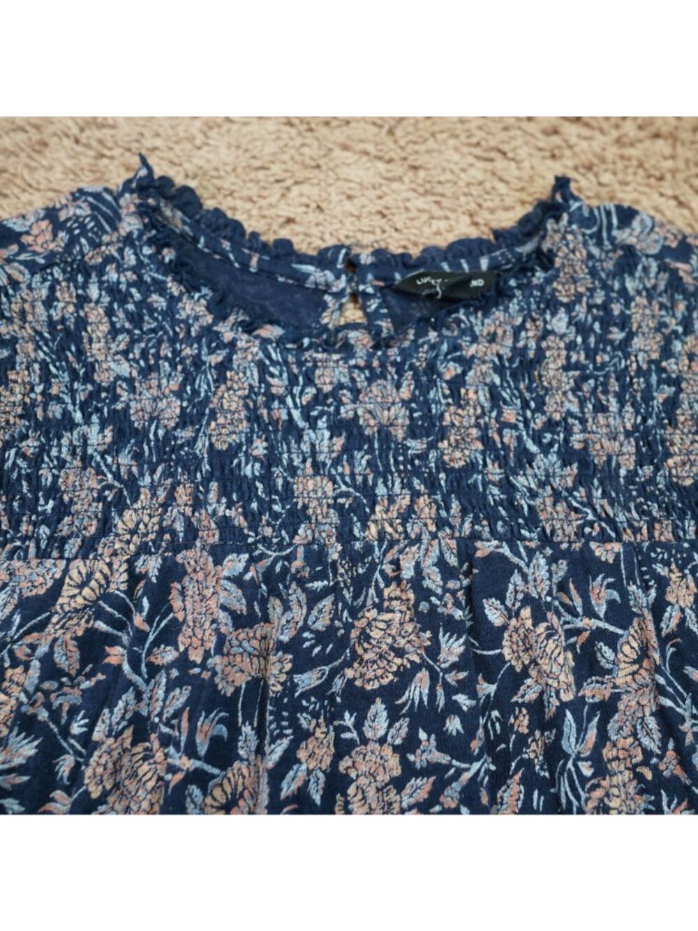 Lucky Brand Smocked Blouse Womens L Blue Floral Short Sleeve Boho Peasant Top - Picture 3 of 10